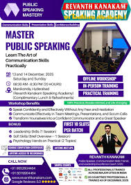 Public Speaking Mastery workshop flyer by Revanth Kanakam Speaking Academy.